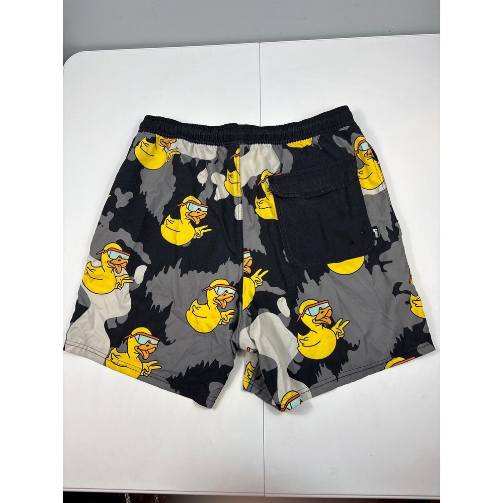 Neff Mens XL Camo Duck Graphic Swim Trunks Gray Black Yellow Drawstring Shorts - Picture 9 of 10